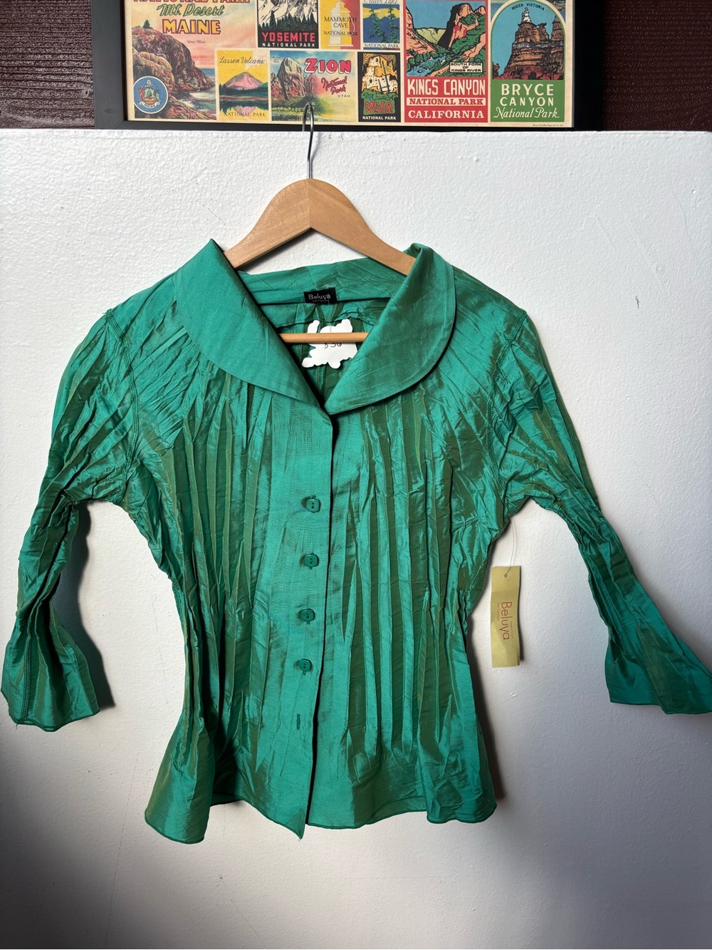 Beluva Emerald Green Pleated Button-Front Women's Top